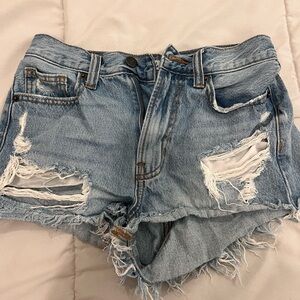 Blue Distressed Jean Shorts with Frayed Hem